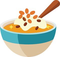 vibrant bowl of oatmeal topped with nuts, seeds, and cream, served with a wooden spoon - breakfast clipart