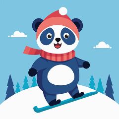 panda wearing a red hat and scarf snowboarding