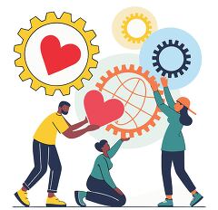 People collaborating symbolized by gears and a love for global efforts in volunteering