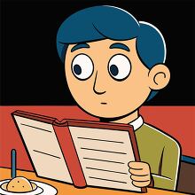 person at a restaurant reading a menu at a table with a drink an