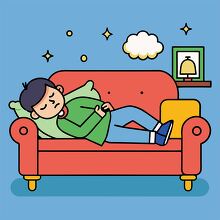 person green sweater naps on a red couch