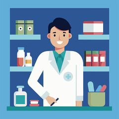 pharmacist in a white coat with a cross symbol stands at a counter