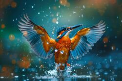 A colorful kingfisher with bright blue and orange feathers splas