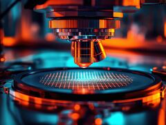 Advanced microscope inspecting a patterned surface in a laboratory setting during an evening research session