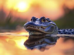 alligator lies near the water as the suns fading light