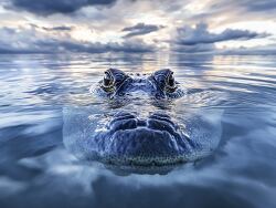 alligator moves through the mist with just its face above the wa