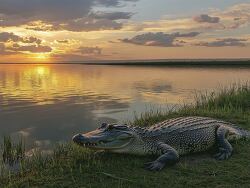 alligator rests on the riverbank as the sun sets over a calm lake