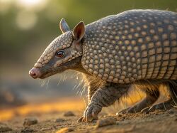 armadillo walks along a dirt path in the sunlight