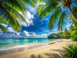 Beautiful beach paradise with coconut palms and calm sea