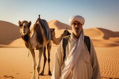 Berber Man Guiding Camels Through Desert Landscape