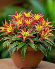 Unique bromeliad flowers with vibrant red and yellow hues thrive in a decorative pot on a garden patio. Their striking colors enhance the outdoor space beautifully.