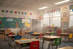 brightly decorated classroom with small desks and colorful chair