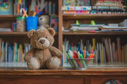 brown teddy bear sitting on a bookshelf