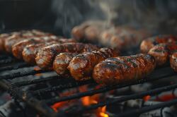 browned sausage on cooking on grill over hot coals