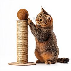 Cat plays with a scratching post and ball during indoor activity in a bright setting