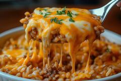 A close up view of a serving spoon lifting a delicious cheesy rice dish. Melted cheddar cheese stretches as it is pulled away, enhancing the warm, hearty meal.