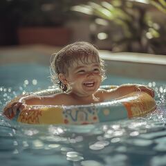 Child enjoys summer fun in bright inflatable float while splashing in pool on a sunny day