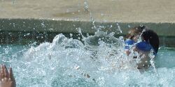 child with blue goggles swimming in a pool