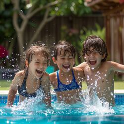 children happily splashing water in a swimming pool