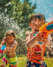 Children playing with water guns in the backyard