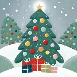 decorated Christmas tree surrounded by gifts sits on a snowy hil illustration