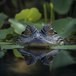 close up of an alligator surrounded by floating lily pads and it