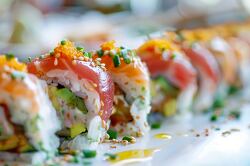 close up photograph of a sushi roll with rice tuna and avacado o