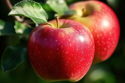 close up views of two red apples hanging from a tree