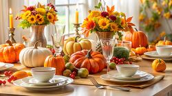 colorful autumn themed table setting featuring pumpkins fresh fl