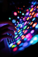 A hand hovers over a vibrant, illuminated keyboard filled with app icons in various colors, capturing the essence of digital creativity during a late night work session.