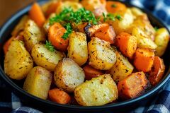 Colorful Roasted Vegetables in a Black Bowl