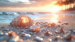 Colorful seashell rests on sandy beach during sunset with gentle waves lapping on shore under partially cloudy sky