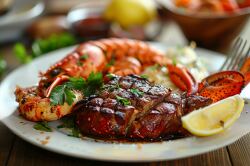 cooked lobster and grilled steak garnished with a sprig of parsl