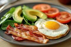 cooked sunny side up egg served with bacon avocado and tomatoes