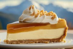 Creamy Cheesecake Slice With Caramel and Whipped Cream