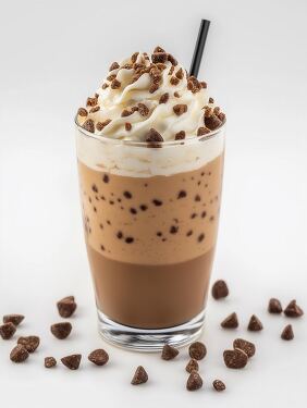 Creamy chocolate iced coffee drink topped with whipped cream and chocolate chips for a refreshing treat