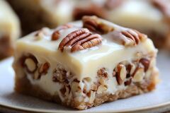 Creamy Dessert Slice Topped With Pecans and Icing