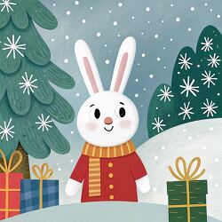 cute bunny in a red coat and scarf with Christmas gift boxes