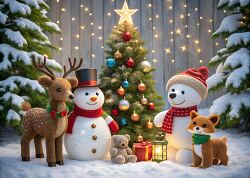 Cute holiday scene with snowman reindeer bear and toys