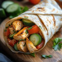 Delicious Chicken Wrap With Fresh Vegetables on Wooden Board