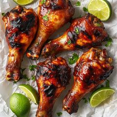 Deliciously glazed chicken drumsticks with lime wedges