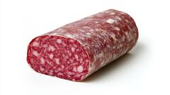 detailed view of a salami slice with a smooth outer casing