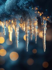 Icicles hang delicately from a snow covered ledge, illuminated by soft, warm lights in the background. This enchanting winter scene captures the beauty of the season at dusk.