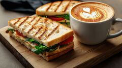 A white cup filled with rich coffee sits beside two toasted sandwiches on a light wooden board. Fresh ingredients peek out, creating a delightful meal perfect for any time.