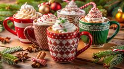 Festive mugs filled with whipped cream and holiday sprinkles