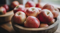 fresh apples arranged in a wooden bowl