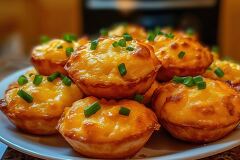 A delicious stack of golden brown cheesy muffins is garnished with fresh green onions. The warm lighting in the kitchen emphasizes their appetizing appearance, perfect for a snack.