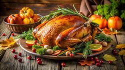 golden brown roasted turkey garnished with rosemary cranberries