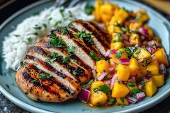 Enjoy a flavorful plate featuring grilled chicken breast slices drizzled with herbs, paired with a vibrant mango salsa and fluffy rice. Perfect for a healthy meal.