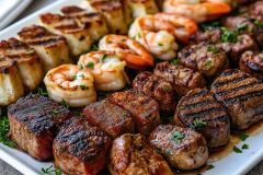 A vibrant platter showcases a variety of grilled meats, including tender steak and juicy shrimp, garnished with fresh herbs.